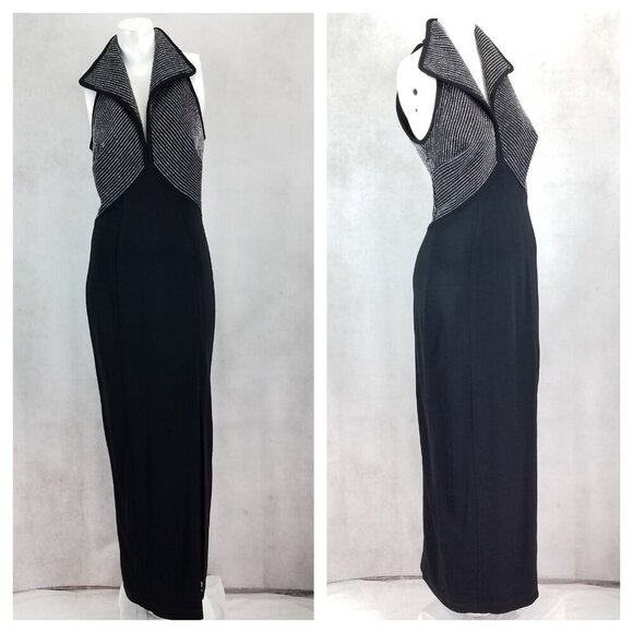 Tadashi Shoji Dresses & Skirts - Tadashi Shoji Size M Long Maxi Evening Dress Front Slit Black / Silver Vintage